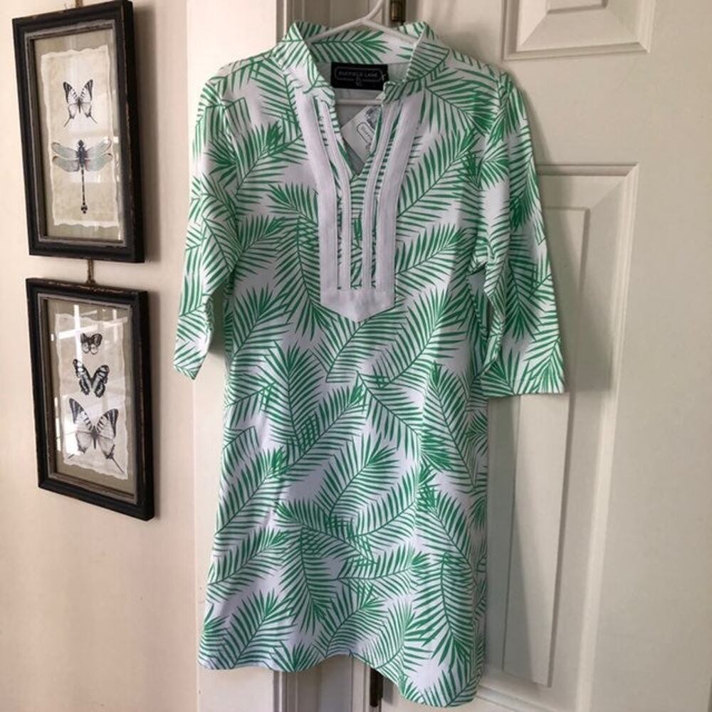 Duffield Lane Dress White Green Palms 3/4 Sleeves Girl's Size Medium NWT